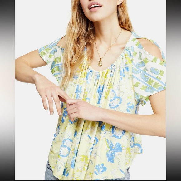 Free People Tops - Free People Baja Babe Printed Tie-Back Top Lemon Gelato Yellow Blue